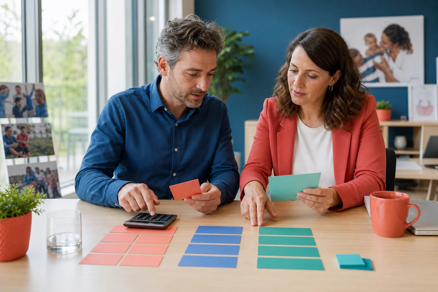 Twee medewerkers verdelen het budget zorgvuldig over hulp en organisatie