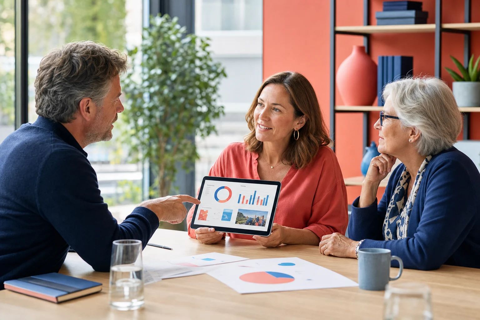Een donateur bespreekt de jaarcijfers met een financieel verantwoordelijke en bestuurslid