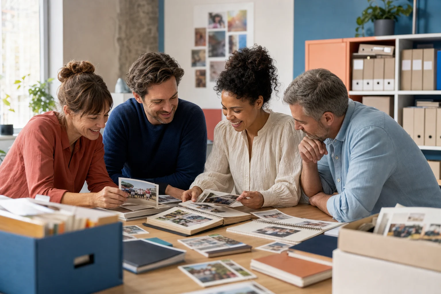 Het team van De Tandartsfee bekijkt samen foto's en mijlpalen uit de geschiedenis van de stichting