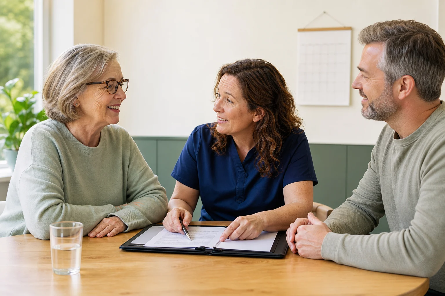 Een oudere hulpvrager bespreekt met een naaste en coördinator de vervolgstappen