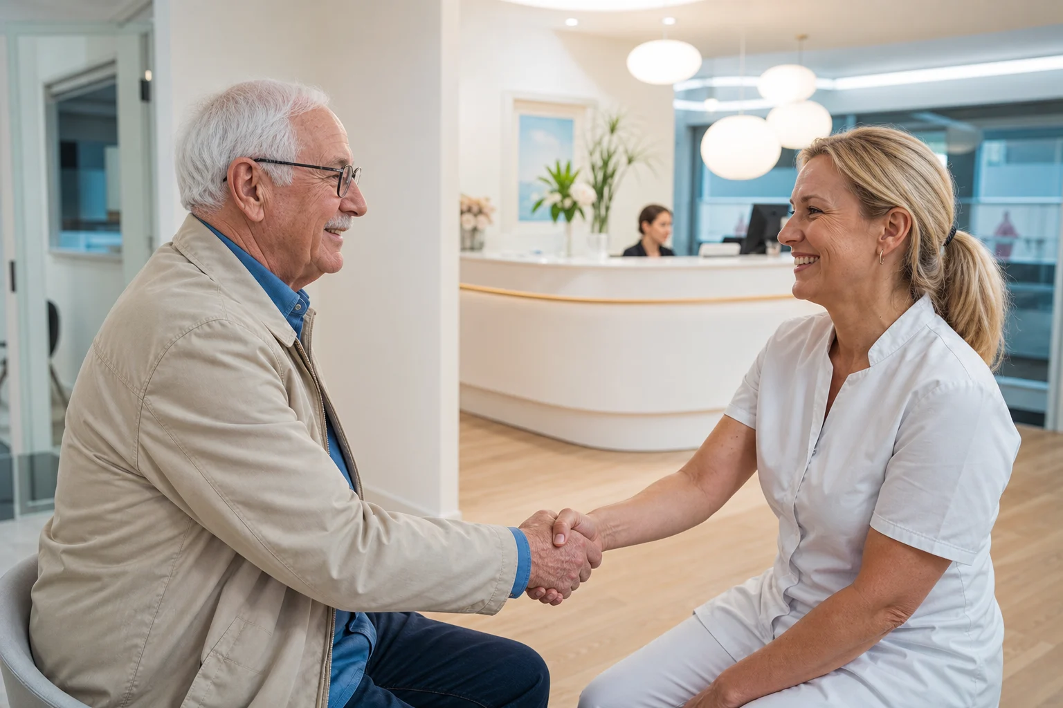 Een oudere hulpvrager wordt persoonlijk welkom geheten in een mondzorgpraktijk