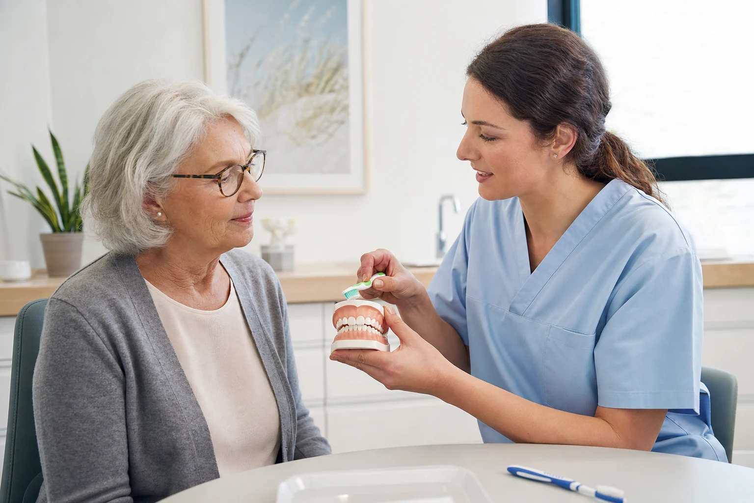 Een mondhygiënist geeft een oudere patiënt rustig advies over dagelijkse mondzorg