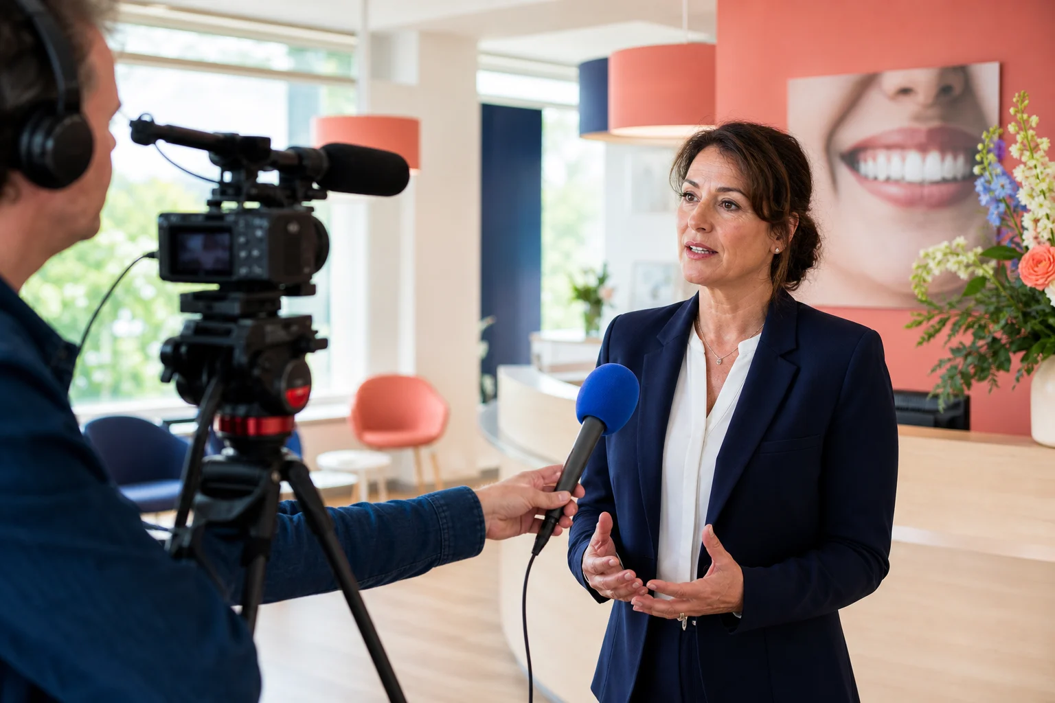 Een woordvoerder van De Tandartsfee geeft een interview aan een journalist