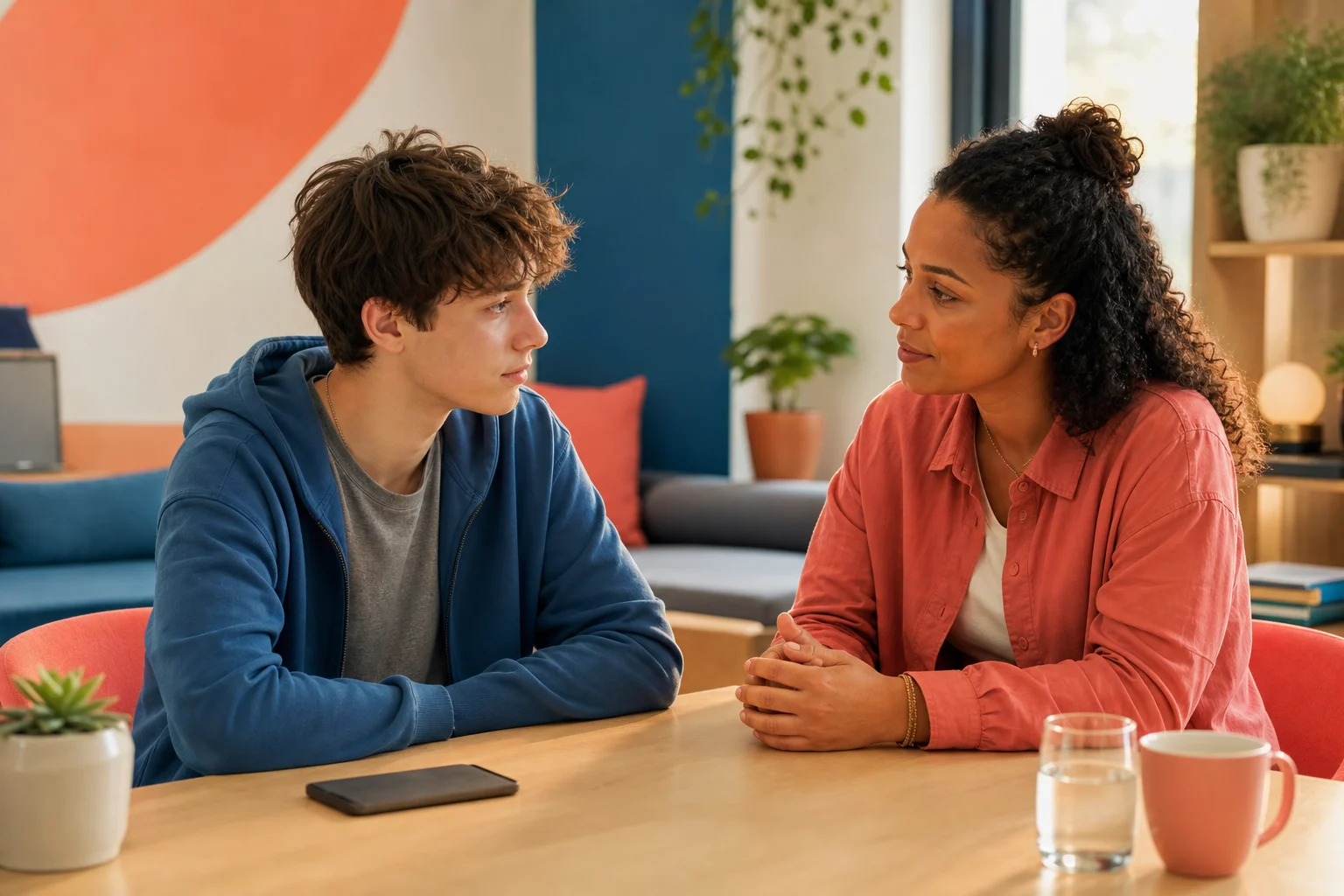 Een jongere legt de telefoon weg tijdens een gesprek over stress en mondzorg
